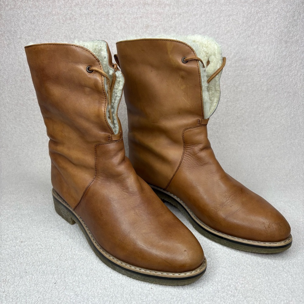 Joules Heybrook Leather & Shearling Foldover Tie Boots Women’s 8 Tan/Brown Cozy